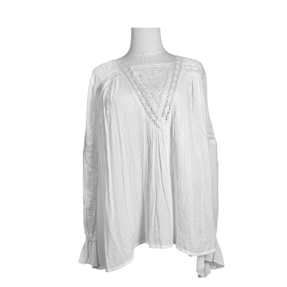 Talisman Ivory Boho Peasant Blouse SZ:M Lace Trim Textured Cotton, Romantic NWT